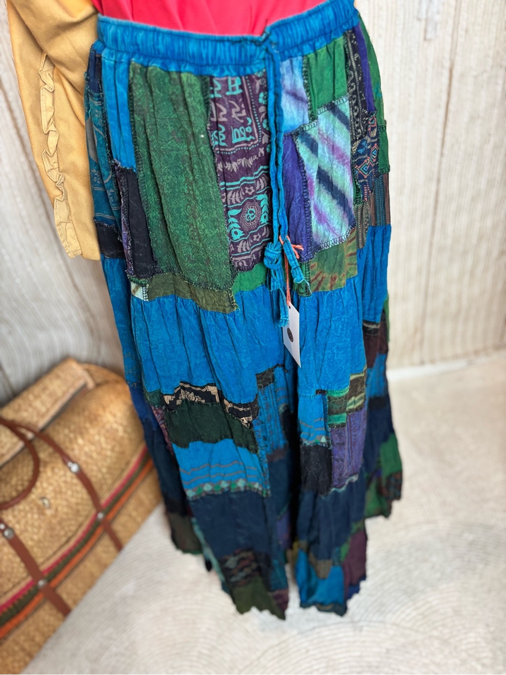 Bohemian Patchwork Maxi Skirt in Teal & Green